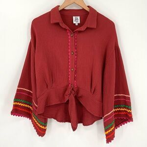 Ivy Jane Gauze Tie Front Bell Sleeve Top Button Front Chevron Terra Cotta Medium